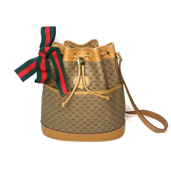Authentic Gucci brown monogram micro GG canvas bucket shoulder bag
